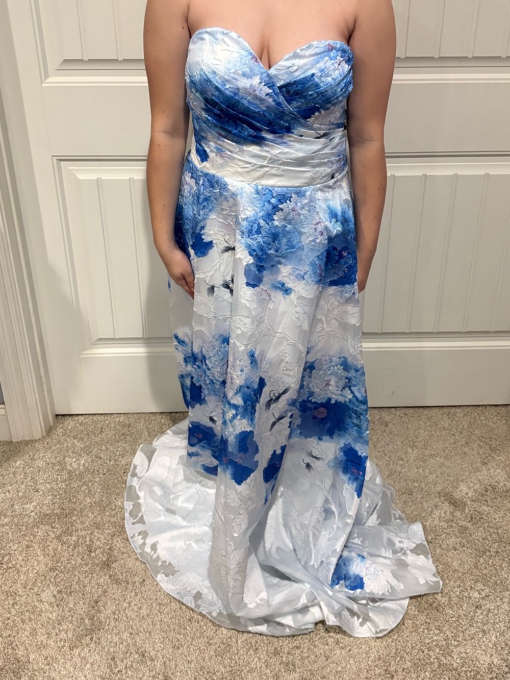 Strapless Blue Floral Evening Gown